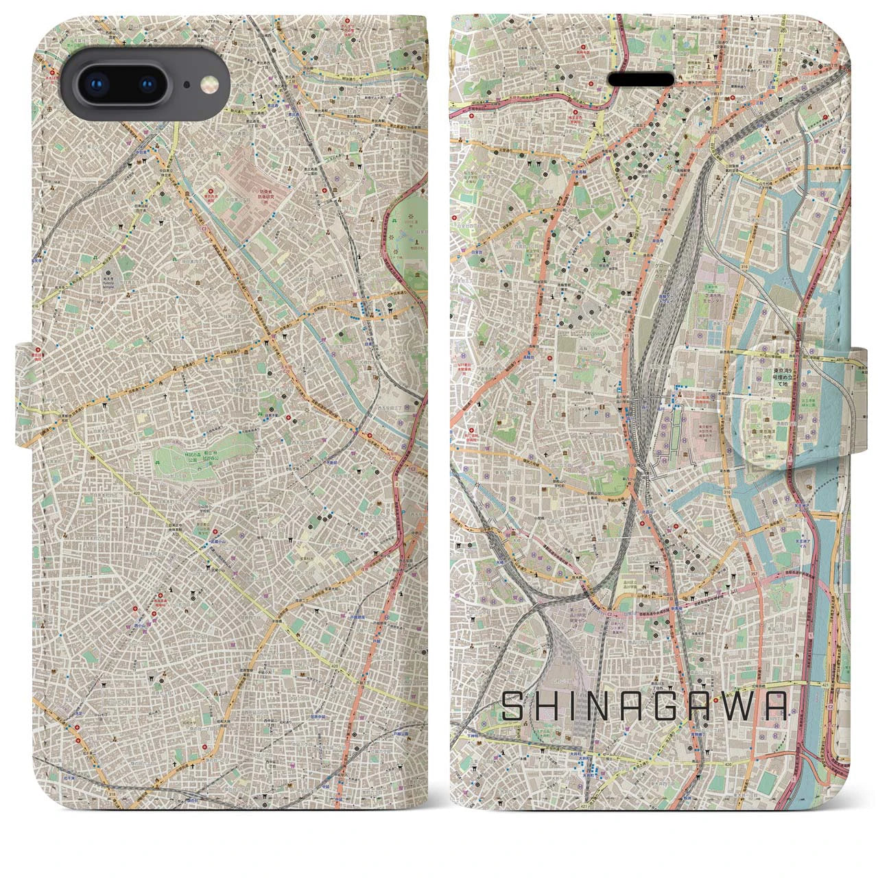 【品川】地図柄iPhoneケース（手帳両面タイプ・ナチュラル）iPhone 8Plus /7Plus / 6sPlus / 6Plus 用
