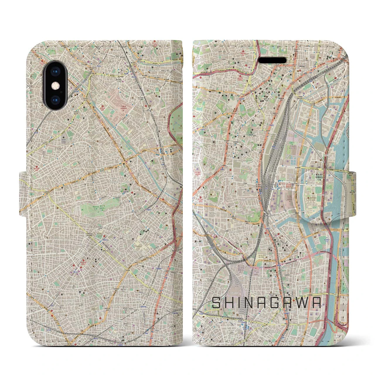 【品川】地図柄iPhoneケース（手帳両面タイプ・ナチュラル）iPhone XS / X 用