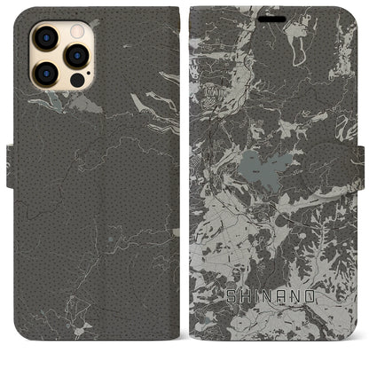 【信濃（長野県）】地図柄iPhoneケース（手帳タイプ）モノトーン・iPhone 12 Pro Max 用
