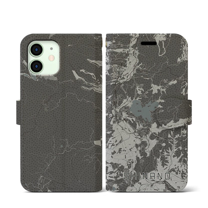 【信濃（長野県）】地図柄iPhoneケース（手帳タイプ）モノトーン・iPhone 12 mini 用