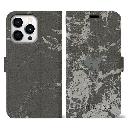 【信濃（長野県）】地図柄iPhoneケース（手帳タイプ）モノトーン・iPhone 13 Pro 用