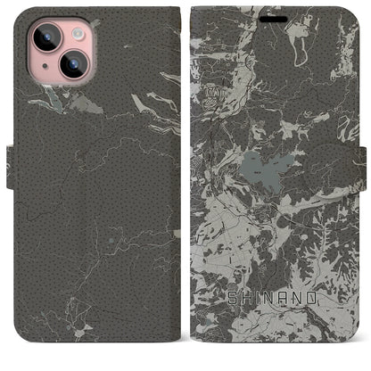 【信濃（長野県）】地図柄iPhoneケース（手帳タイプ）モノトーン・iPhone 15 Plus 用