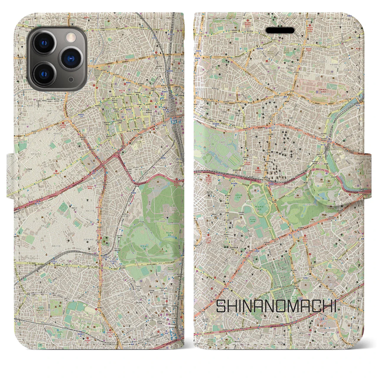 【信濃町（東京都）】地図柄iPhoneケース（手帳タイプ）ナチュラル・iPhone 11 Pro Max 用