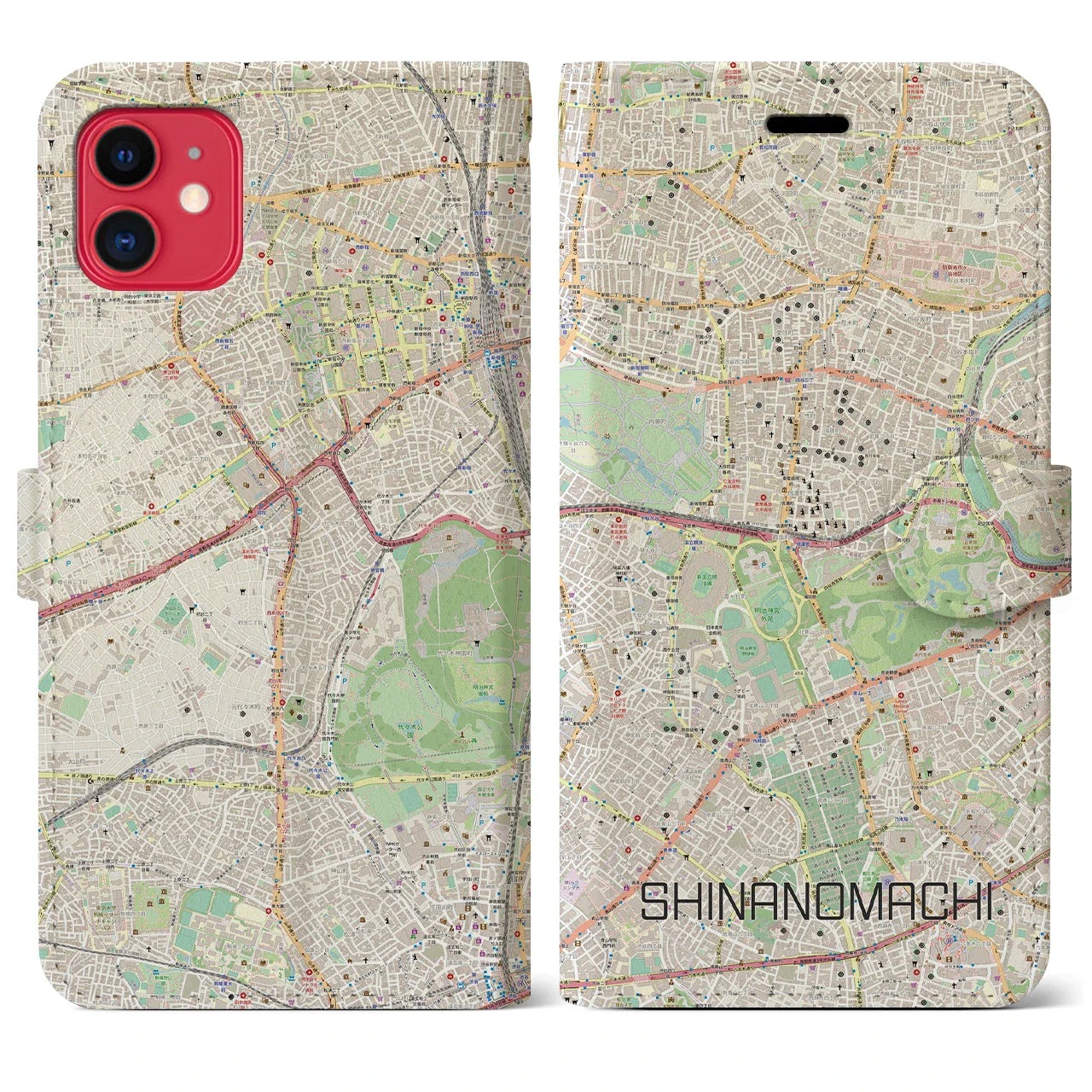 【信濃町（東京都）】地図柄iPhoneケース（手帳タイプ）ナチュラル・iPhone 11 用