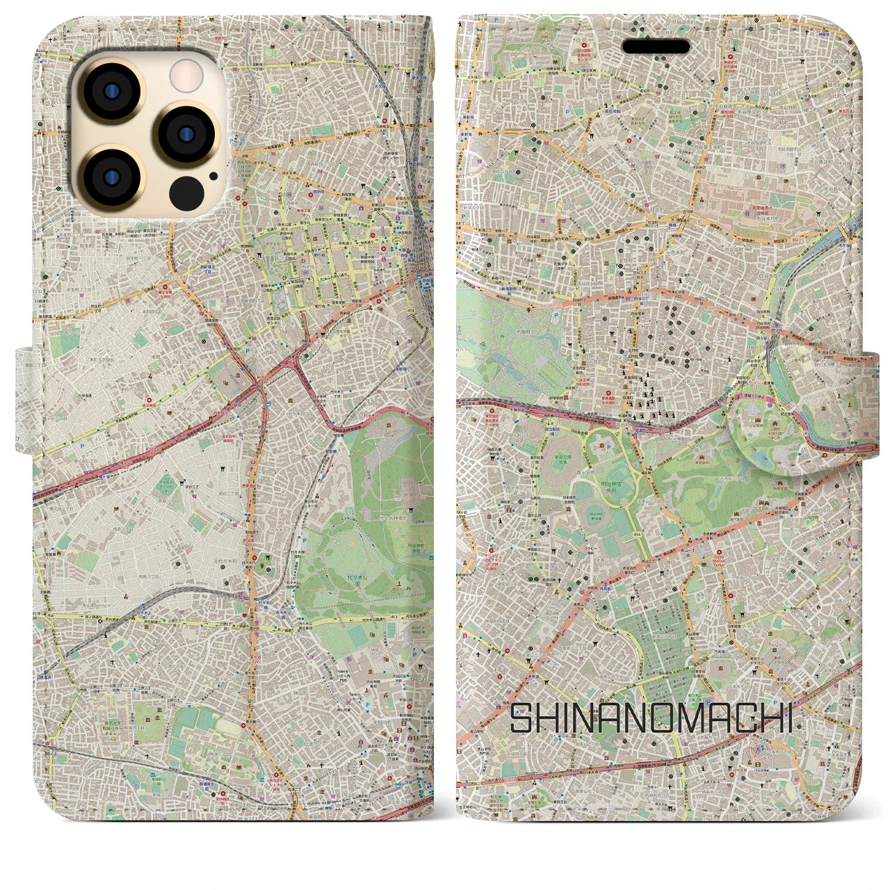 【信濃町（東京都）】地図柄iPhoneケース（手帳タイプ）ナチュラル・iPhone 12 Pro Max 用