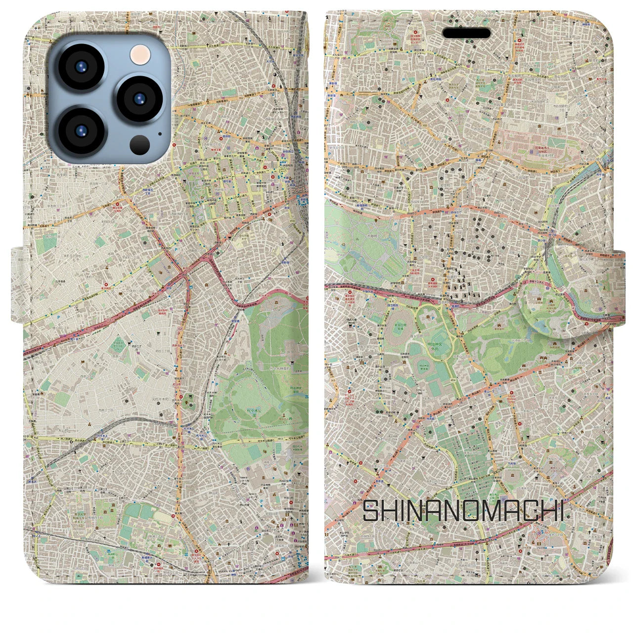 【信濃町（東京都）】地図柄iPhoneケース（手帳タイプ）ナチュラル・iPhone 13 Pro Max 用