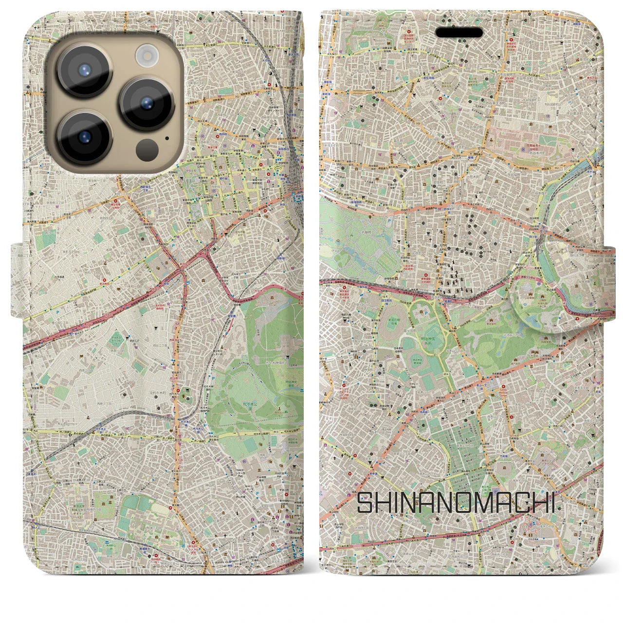 【信濃町（東京都）】地図柄iPhoneケース（手帳タイプ）ナチュラル・iPhone 14 Pro Max 用