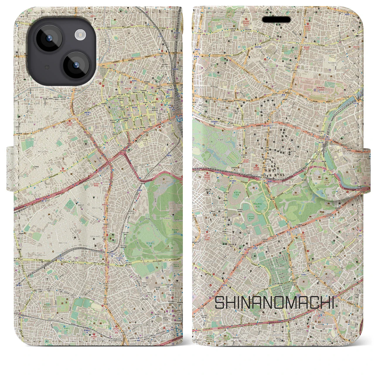 【信濃町（東京都）】地図柄iPhoneケース（手帳タイプ）ナチュラル・iPhone 14 Plus 用