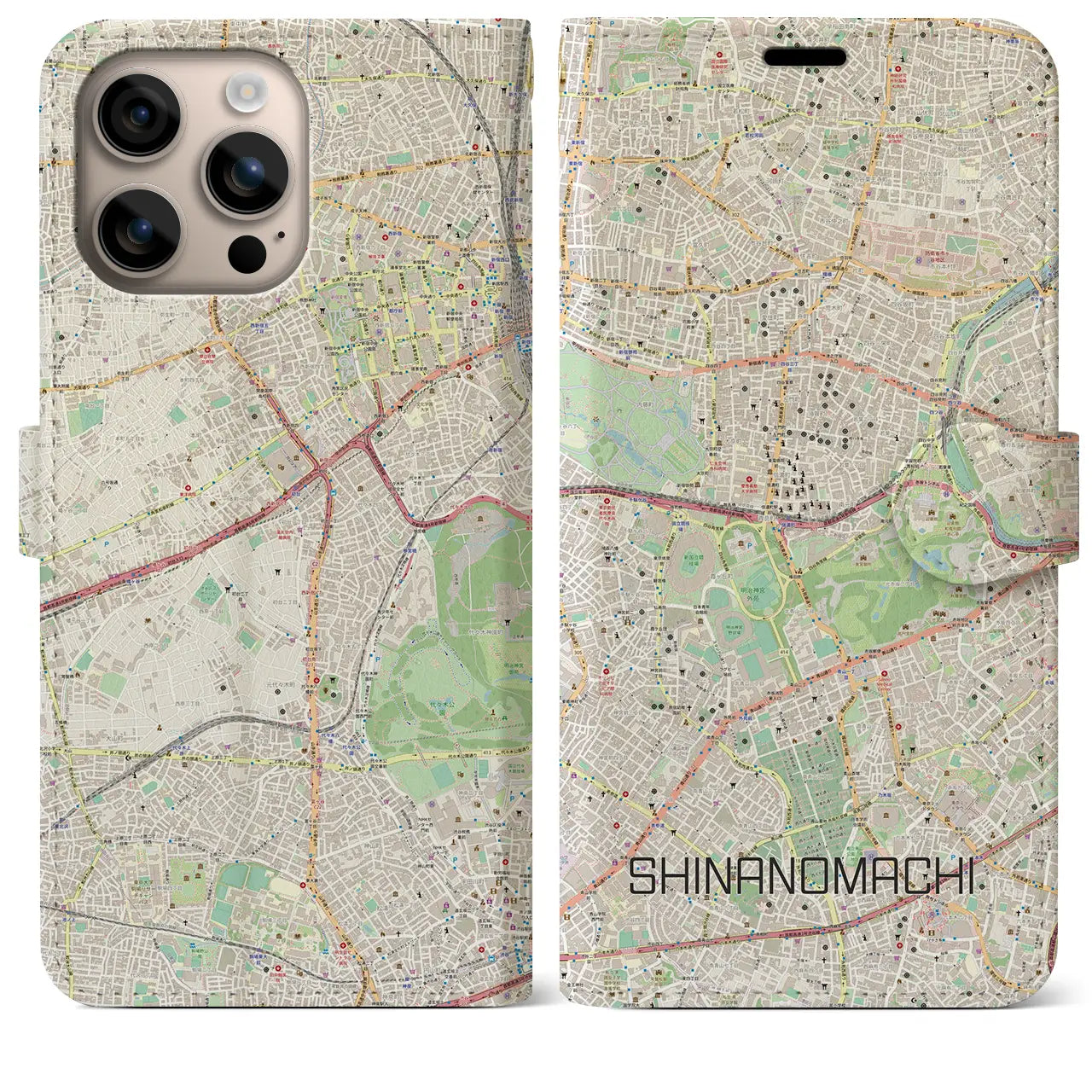 【信濃町（東京都）】地図柄iPhoneケース（手帳タイプ）ナチュラル・iPhone 16 Plus 用