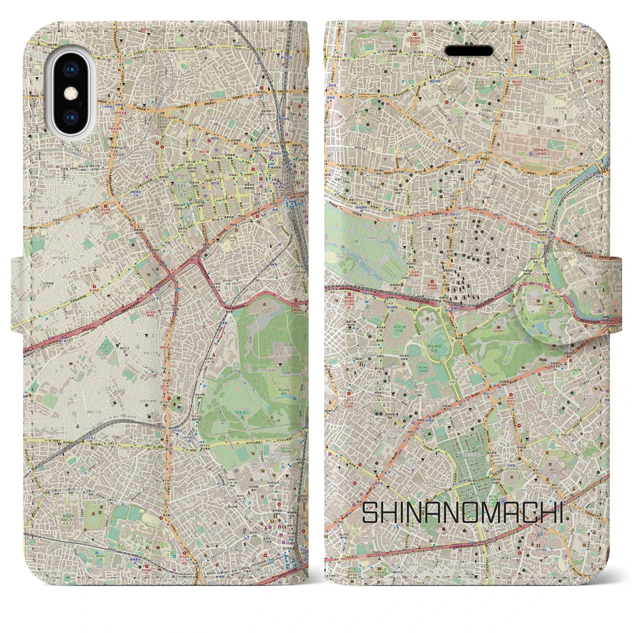 【信濃町（東京都）】地図柄iPhoneケース（手帳タイプ）ナチュラル・iPhone XS Max 用