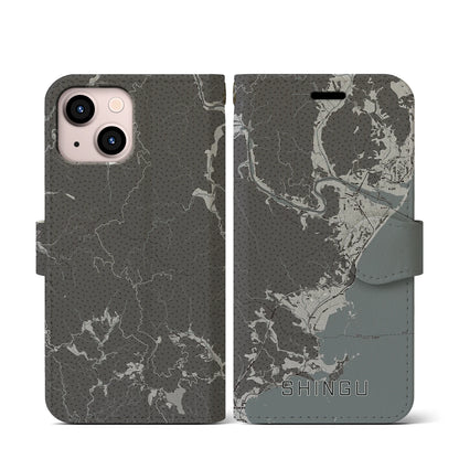 【新宮（和歌山県）】地図柄iPhoneケース（手帳タイプ）モノトーン・iPhone 13 mini 用