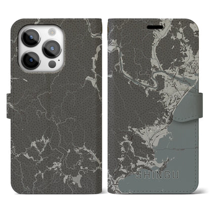 【新宮（和歌山県）】地図柄iPhoneケース（手帳タイプ）モノトーン・iPhone 14 Pro 用