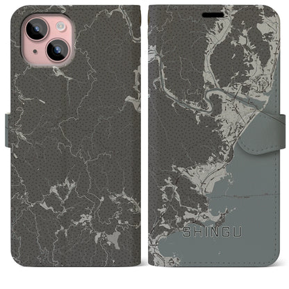 【新宮（和歌山県）】地図柄iPhoneケース（手帳タイプ）モノトーン・iPhone 15 Plus 用