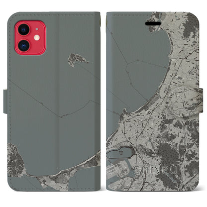【新宮（福岡県）】地図柄iPhoneケース（手帳タイプ）モノトーン・iPhone 11 用