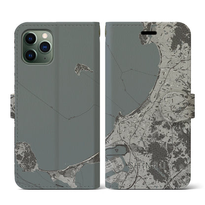 【新宮（福岡県）】地図柄iPhoneケース（手帳タイプ）モノトーン・iPhone 11 Pro 用