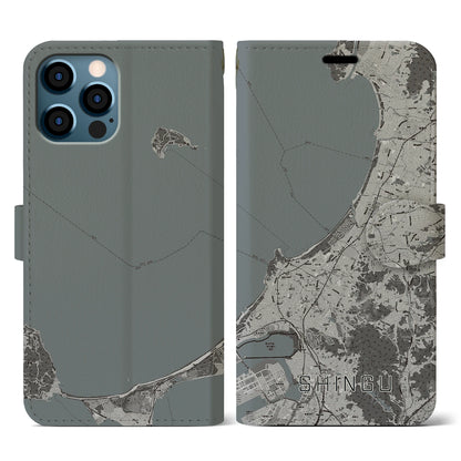 【新宮（福岡県）】地図柄iPhoneケース（手帳タイプ）モノトーン・iPhone 12 / 12 Pro 用