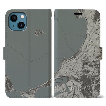 【新宮（福岡県）】地図柄iPhoneケース（手帳タイプ）モノトーン・iPhone 13 用