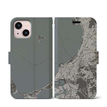 【新宮（福岡県）】地図柄iPhoneケース（手帳タイプ）モノトーン・iPhone 13 mini 用