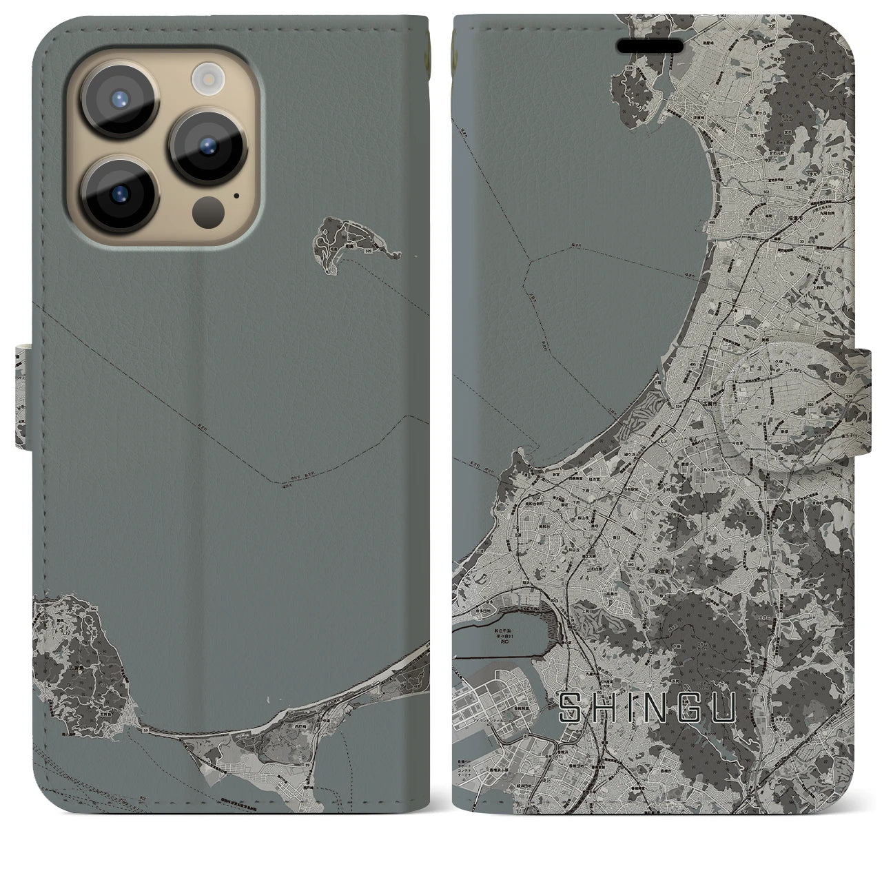 【新宮】地図柄iPhoneケース（手帳両面タイプ・モノトーン）iPhone 14 Pro Max 用