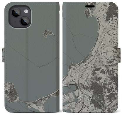 【新宮（福岡県）】地図柄iPhoneケース（手帳タイプ）モノトーン・iPhone 14 Plus 用