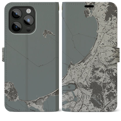 【新宮（福岡県）】地図柄iPhoneケース（手帳タイプ）モノトーン・iPhone 15 Pro Max 用