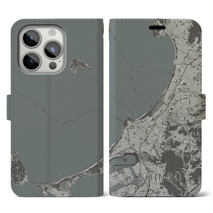 【新宮（福岡県）】地図柄iPhoneケース（手帳タイプ）モノトーン・iPhone 15 Pro 用