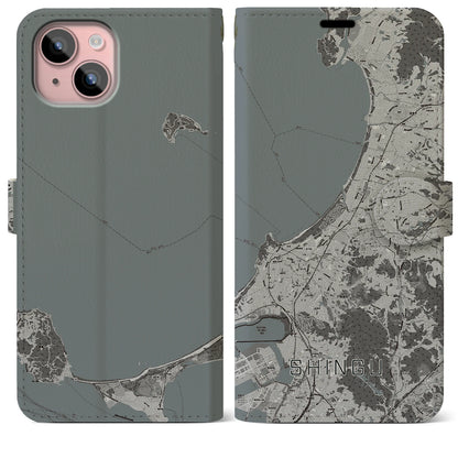 【新宮（福岡県）】地図柄iPhoneケース（手帳タイプ）モノトーン・iPhone 15 Plus 用