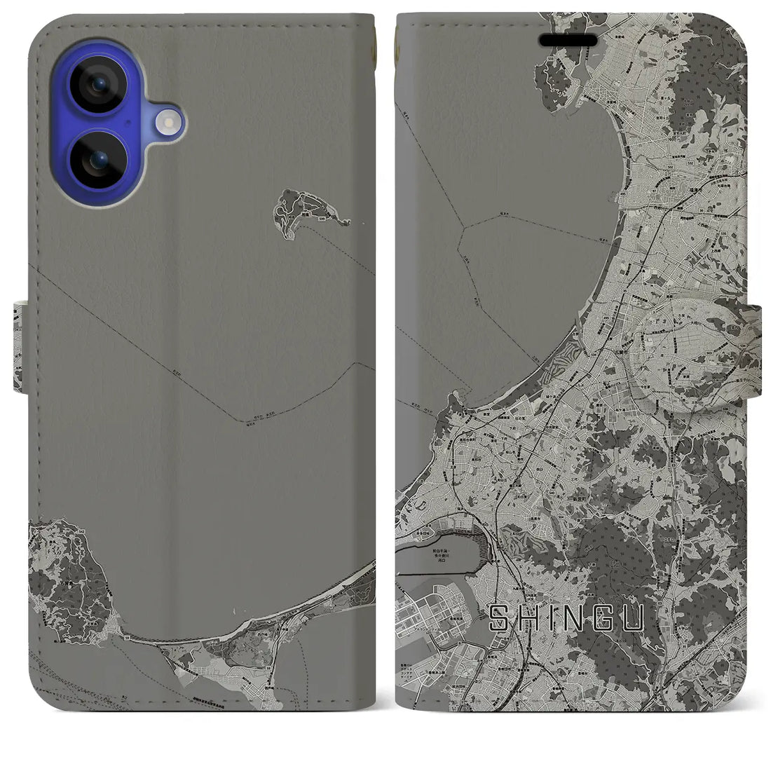 【新宮(福岡県)】地図柄iPhoneケース(手帳タイプ)モノトーン・iPhone 16 Pro Max 用