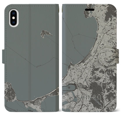 【新宮（福岡県）】地図柄iPhoneケース（手帳タイプ）モノトーン・iPhone XS Max 用