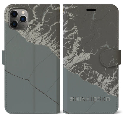 【新ひだか（北海道）】地図柄iPhoneケース（手帳タイプ）モノトーン・iPhone 11 Pro Max 用