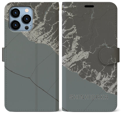 【新ひだか（北海道）】地図柄iPhoneケース（手帳タイプ）モノトーン・iPhone 13 Pro Max 用