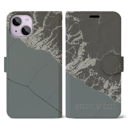 【新ひだか（北海道）】地図柄iPhoneケース（手帳タイプ）モノトーン・iPhone 14 用