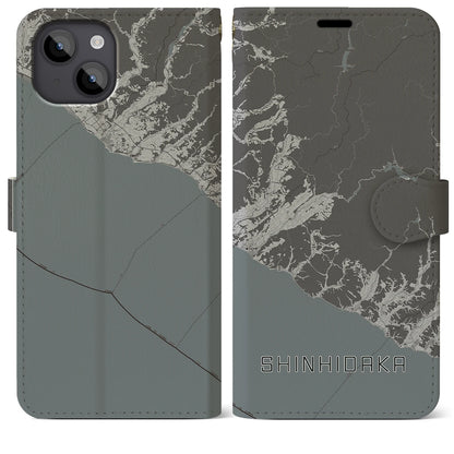 【新ひだか（北海道）】地図柄iPhoneケース（手帳タイプ）モノトーン・iPhone 14 Plus 用