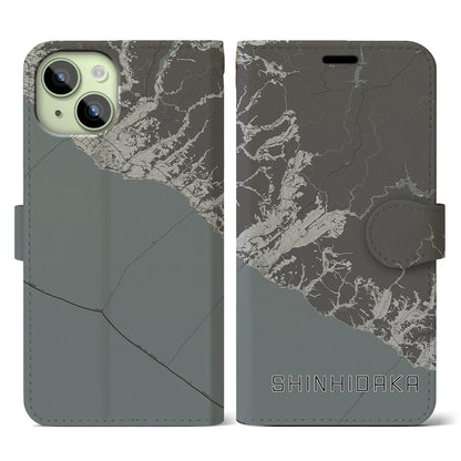 【新ひだか（北海道）】地図柄iPhoneケース（手帳タイプ）モノトーン・iPhone 15 用