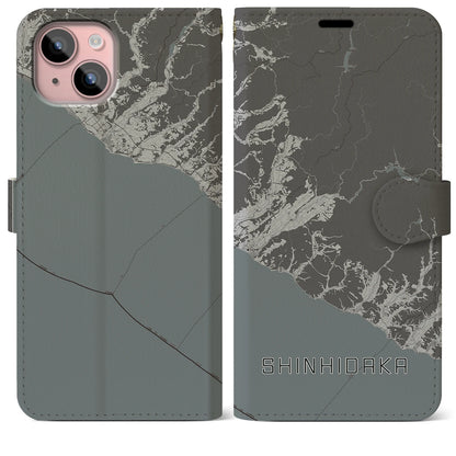 【新ひだか（北海道）】地図柄iPhoneケース（手帳タイプ）モノトーン・iPhone 15 Plus 用