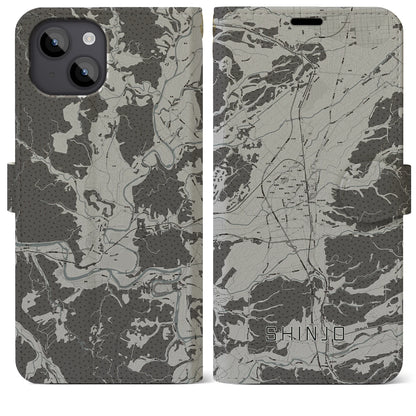 【新庄（山形県）】地図柄iPhoneケース（手帳タイプ）モノトーン・iPhone 14 Plus 用