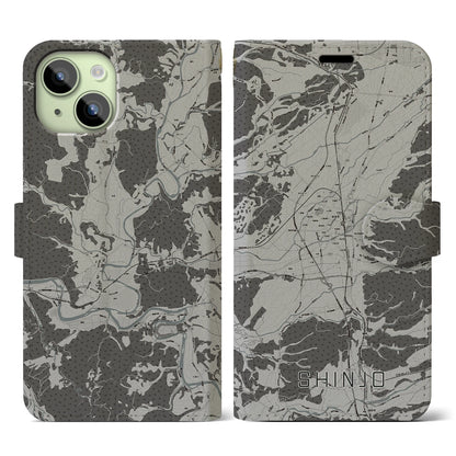 【新庄（山形県）】地図柄iPhoneケース（手帳タイプ）モノトーン・iPhone 15 用