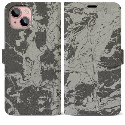 【新庄（山形県）】地図柄iPhoneケース（手帳タイプ）モノトーン・iPhone 15 Plus 用