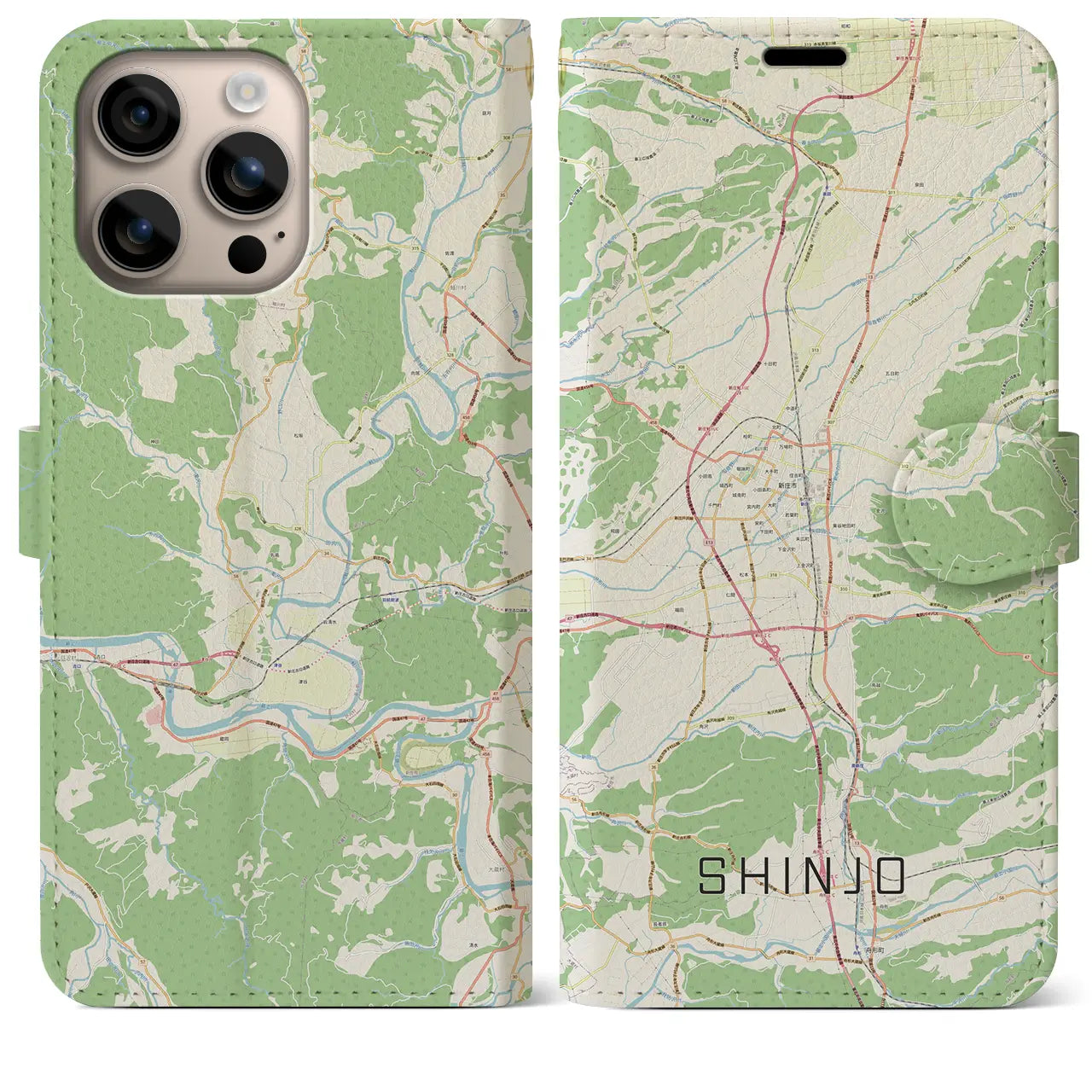 【新庄（山形県）】地図柄iPhoneケース（手帳タイプ）ナチュラル・iPhone 16 Plus 用