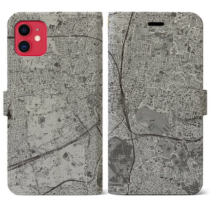 【新宿御苑前（東京都）】地図柄iPhoneケース（手帳タイプ）モノトーン・iPhone 11 用