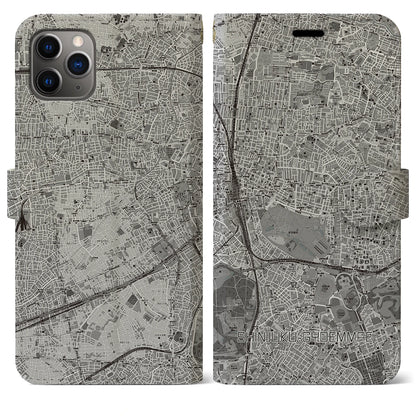 【新宿御苑前（東京都）】地図柄iPhoneケース（手帳タイプ）モノトーン・iPhone 11 Pro Max 用