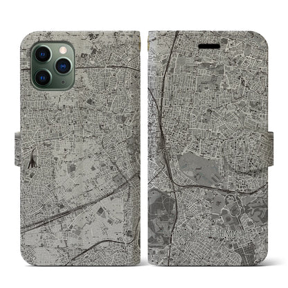 【新宿御苑前（東京都）】地図柄iPhoneケース（手帳タイプ）モノトーン・iPhone 11 Pro 用
