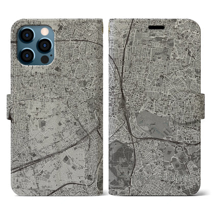 【新宿御苑前（東京都）】地図柄iPhoneケース（手帳タイプ）モノトーン・iPhone 12 / 12 Pro 用