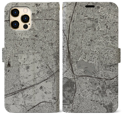 【新宿御苑前（東京都）】地図柄iPhoneケース（手帳タイプ）モノトーン・iPhone 12 Pro Max 用