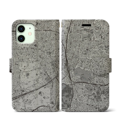 【新宿御苑前（東京都）】地図柄iPhoneケース（手帳タイプ）モノトーン・iPhone 12 mini 用