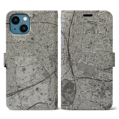 【新宿御苑前（東京都）】地図柄iPhoneケース（手帳タイプ）モノトーン・iPhone 13 用