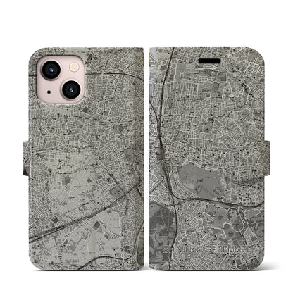 【新宿御苑前（東京都）】地図柄iPhoneケース（手帳タイプ）モノトーン・iPhone 13 mini 用