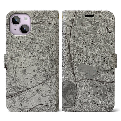 【新宿御苑前（東京都）】地図柄iPhoneケース（手帳タイプ）モノトーン・iPhone 14 用
