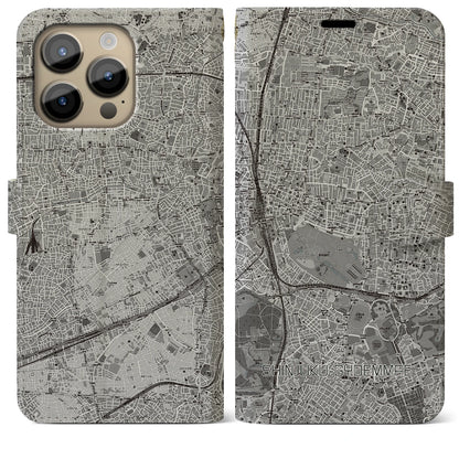 【新宿御苑前（東京都）】地図柄iPhoneケース（手帳タイプ）モノトーン・iPhone 14 Pro Max 用