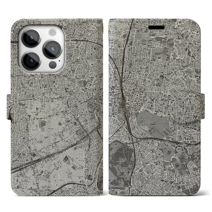 【新宿御苑前（東京都）】地図柄iPhoneケース（手帳タイプ）モノトーン・iPhone 14 Pro 用